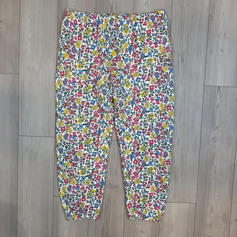 Teddy Fresh Floral Print Sweatpants White Multi Cotton Fleece Joggers 3XL